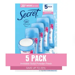 Secret Invisible Solid Antiperspirant and Deodorant, Powder Fresh, 2.6 oz., 5 Pack Body Care Scent Blend Cosmetic Scented Cleanser