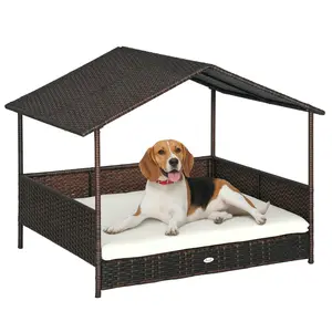 PawHut Outdoor Wicker Dog House with Canopy, Rattan Dog Bed with Soft Cushion Removable Cover for Medium and Large Dogs, Dark Gray