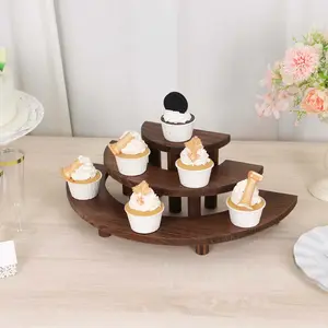 Set of 3 Wooden Dessert Pedestals 7", 13", 18" Rustic Brown 3-Tier Semicircle Design - Half Moon Cupcake Display Risers