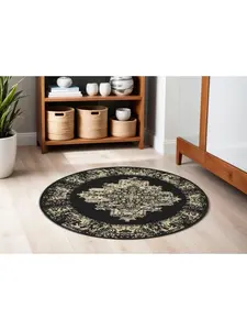 212 MAIN 5 ft. Transitional Medallion Distressed Non Slip Round Rug, Tan & Black, Powerloomed, Stain Resistant Home Decor Rug, Home Decor Rugs