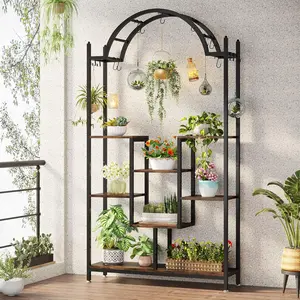 LITTLE TREE 5-Tier Tall Indoor Plant Stand, 74.8'' Arched Metal Flower Shelf with Hanging Hooks, Large Bonsai Pots Display Rack for Indoor, Balcony, Living Room