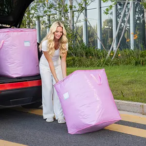 2PCS Pink PE Moving Storage Bags, Large Capacity Clothing Organizer Totes, Reusable Polyethylene Travel Storage Bags with Reinforced Handles for Home Moving and Closet Organization Use