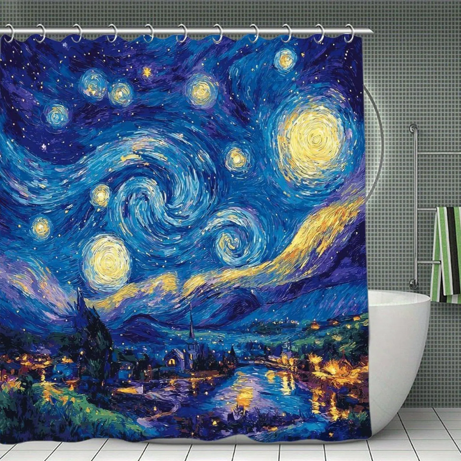 Starry Night Village River Landscape Print Waterproof Shower Curtain with Plastic Window, Stainless Steel Hooks, Classic Art Bathroom Decor, Bathtub