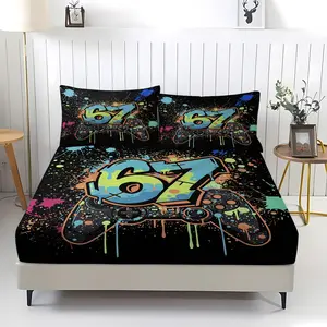 Graffiti Game Controller Bed Fitted Sheet Set, Includes 2 Pillowcases, Base Colorful Spray Design, Non-Slip, Trendy Bedroom Decor