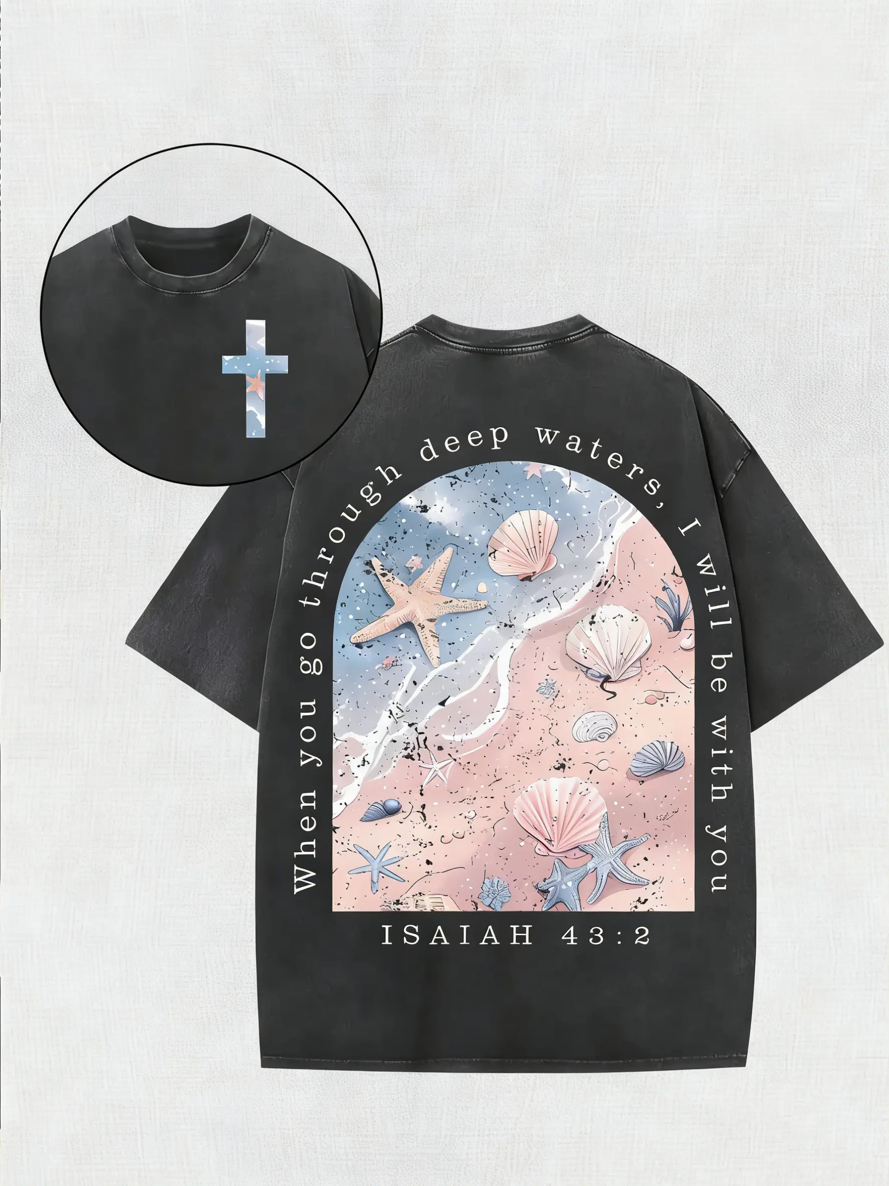 Christian Graphic Tshirt with Isaiah 43:2 Verse, Unisex Casual Washed Shortsleeve Tops for Faith Based Outfits, Round Neck, Menswear, Washed Tee, Crew Neck, Beach Theme, Sweet Retro, Faith Quote, Cotton, Flowers