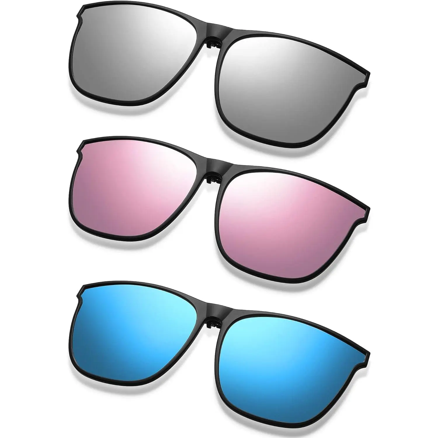 Polarized Clip-On Sunglasses for Women, 3-Pair Set of Oversized Rectangular Lenses, Lightweight Flip-Up Casual Shades with UV Sun Protection, Outdoor Sunglasses, Protective Sunglasses