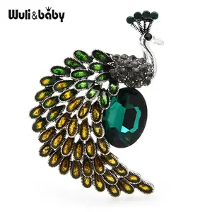 Wuli&Baby Green Crystal Peacock Brooches Women Enamel Big Bird Party Office Casual Brooch Pins Gifts Wuli&baby