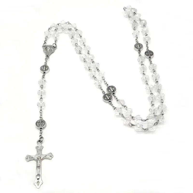 Crystal Bead Catholic Rosary Necklace - Cross Metal Crucifix Motif Pendant Choker, Long Chain Prayer Charm Jewelry, Car Accessories, Accessories for Women, Gifts for Girlfriend, Cross Metal Charms & Pendants, Crucifix Motif Charms & Pendants