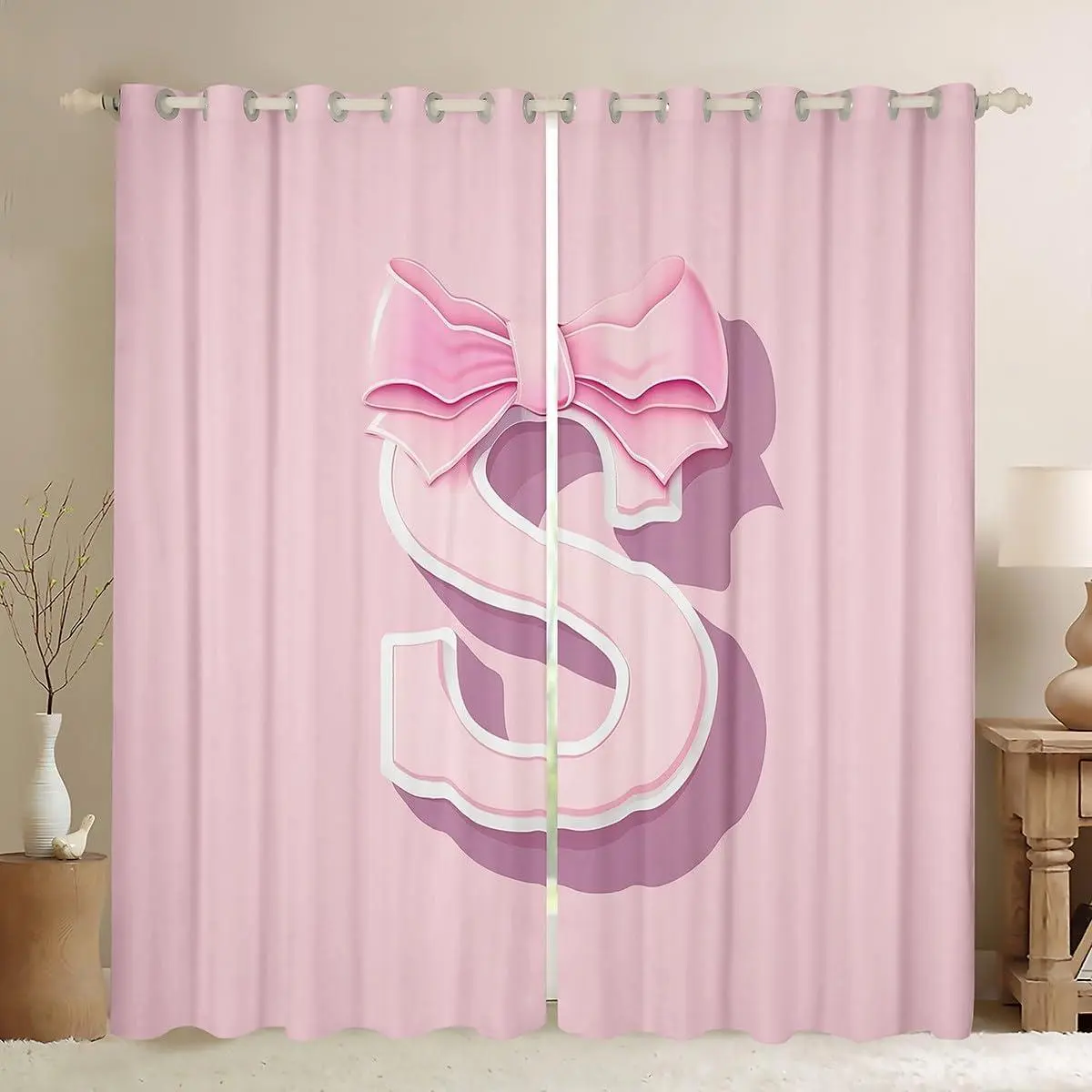 Kawaii Pink Bow Blackout Curtain,(2 Panels,),Teen Girl Gifts Monogrammed Curtains for Bedroom Living Room,Personalized Initial S Blackout Curtains Dreamy Bow,Window Treatments