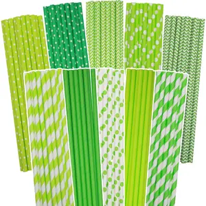 150 pcs Green Disposable Paper Drinking Straws Bulk with 10 Patterns