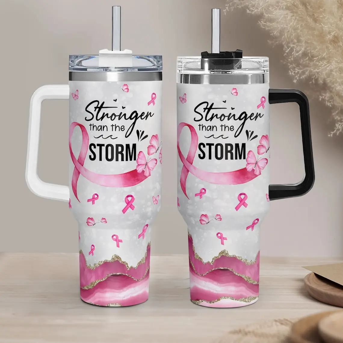 Breast Cancer Warrior Tumbler 40oz With Handle, Stronger Than The Storm 40oz Stainless Steel Tumbler With Lid and Straw, Cancer Fighter Cup Karin