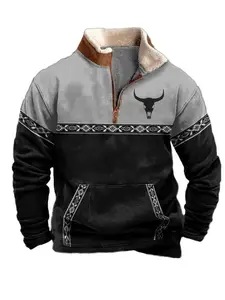Men ' s Aztec Cowboy Hoodie - Vintage Bull Head Print , Long Sleeve with 1/4 Zip . Casual Sweatshirt with Pocket . Perfect for Outdoor Activities . Cotton Menswear