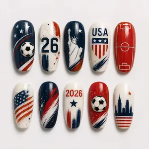 Pernell Home USA Soccer Press-On Nails, Patriotic Red White Blue Design, Statue Liberty Football Theme, Independence Day Handmade Nail Art