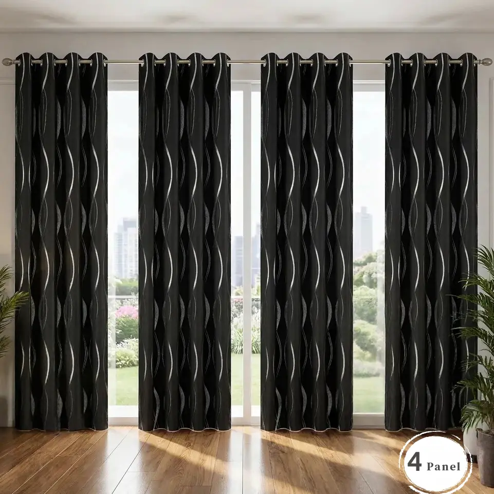 4 Panel Blackout Curtains, Black Silver Wave Foil Print, Stain-Resistant & Dust-Proof, Full Room Blackout, Perfect for Living Room, Bedroom & Home