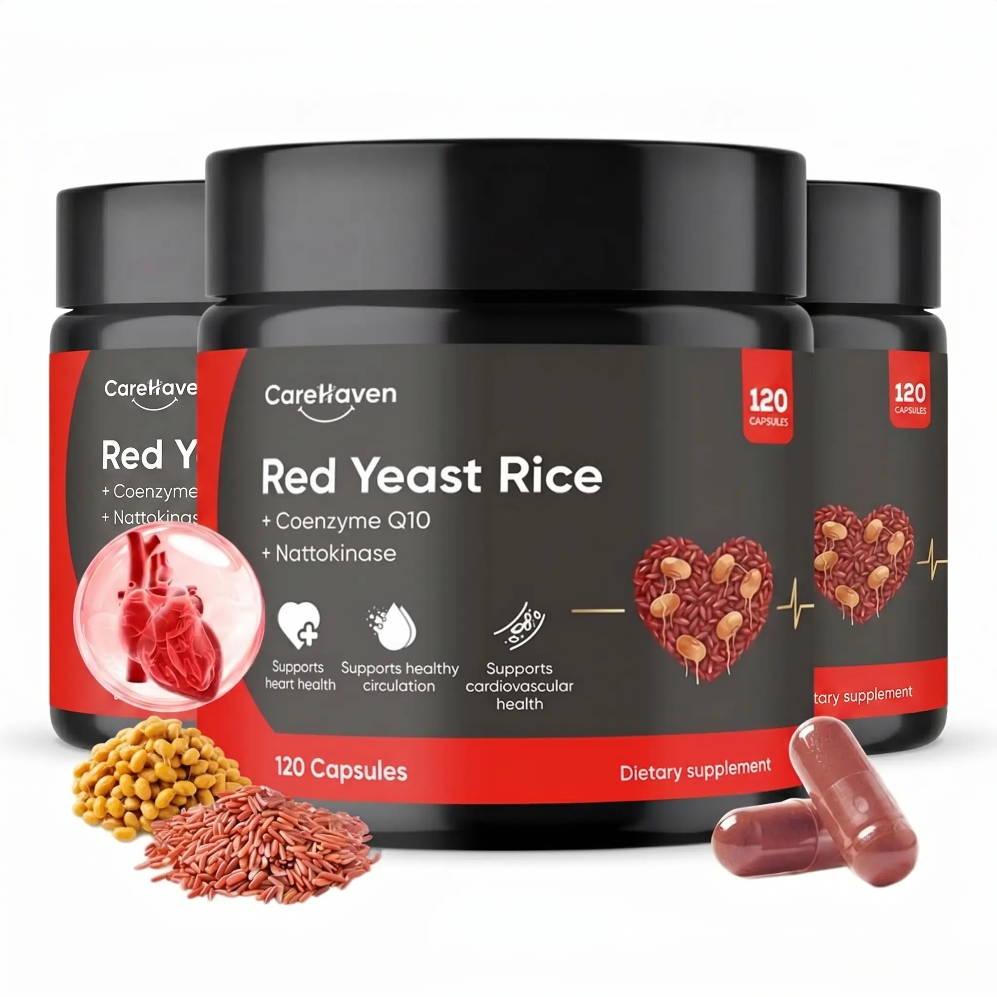 Citrinin-Free Red Yeast Rice Supplement with Nattokinase & CoQ10 - 120 Capsules for Cholesterol & Heart Health Support, Healthy Ingredients for Fitness Dietary Healthcare Needs
