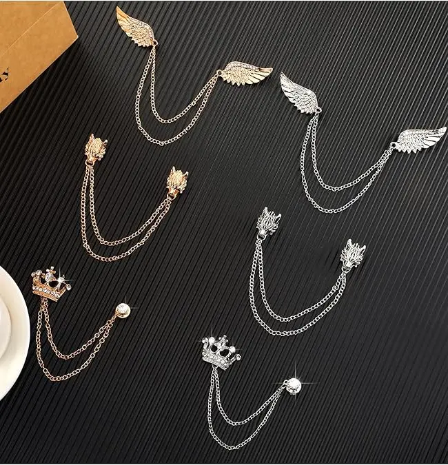 6 Pcs Alloy Men's Tassel Chain Brooch Collar Pins - Wings, Wolf Head, Crown Designs for Wedding, Birthday, Graduation; Father's Gift, Clasps at the Back, Golden/Silvery Suit Shirt Tuxedo Accessories (Home Improvement,Suit Accessories,Male Gift)