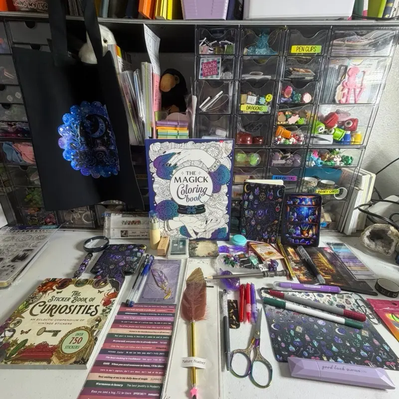 25 Item Mystery Bookish Bundle- could include A5 Journal Dual-End Marker Gel Pen Heart Stickies Large Ink Pad Wooden Stamper Bookmark Magnetic Bookmark Washi Tape Canvas Bag