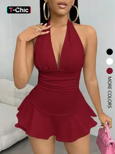 Women's Simple Solid Backless Halter One-Piece Romper, Outfit, Ruffled Hem, Sleeveless, Casual Summer, Fashionable, Chic, Aesthetic and Comfortable, Minimalist
