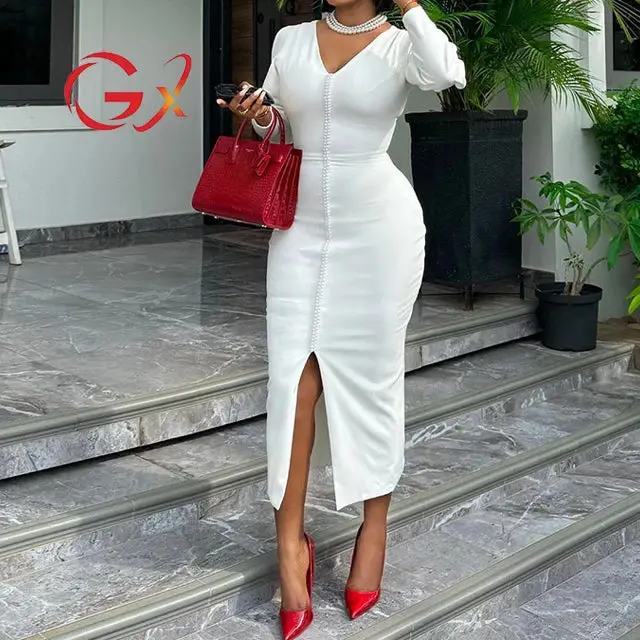 Sexy V-neck Long Sleeve Beading Split Dress