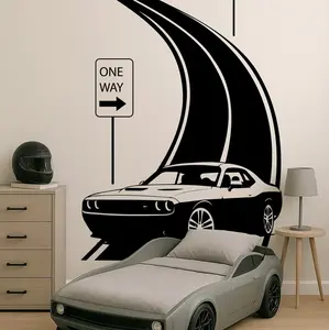 Racing Car Road Wall Decal, Muscle Car Wall Art, Boys Room Decor, Teen Car Bedroom Sticker, Road Theme Vinyl Decal se291