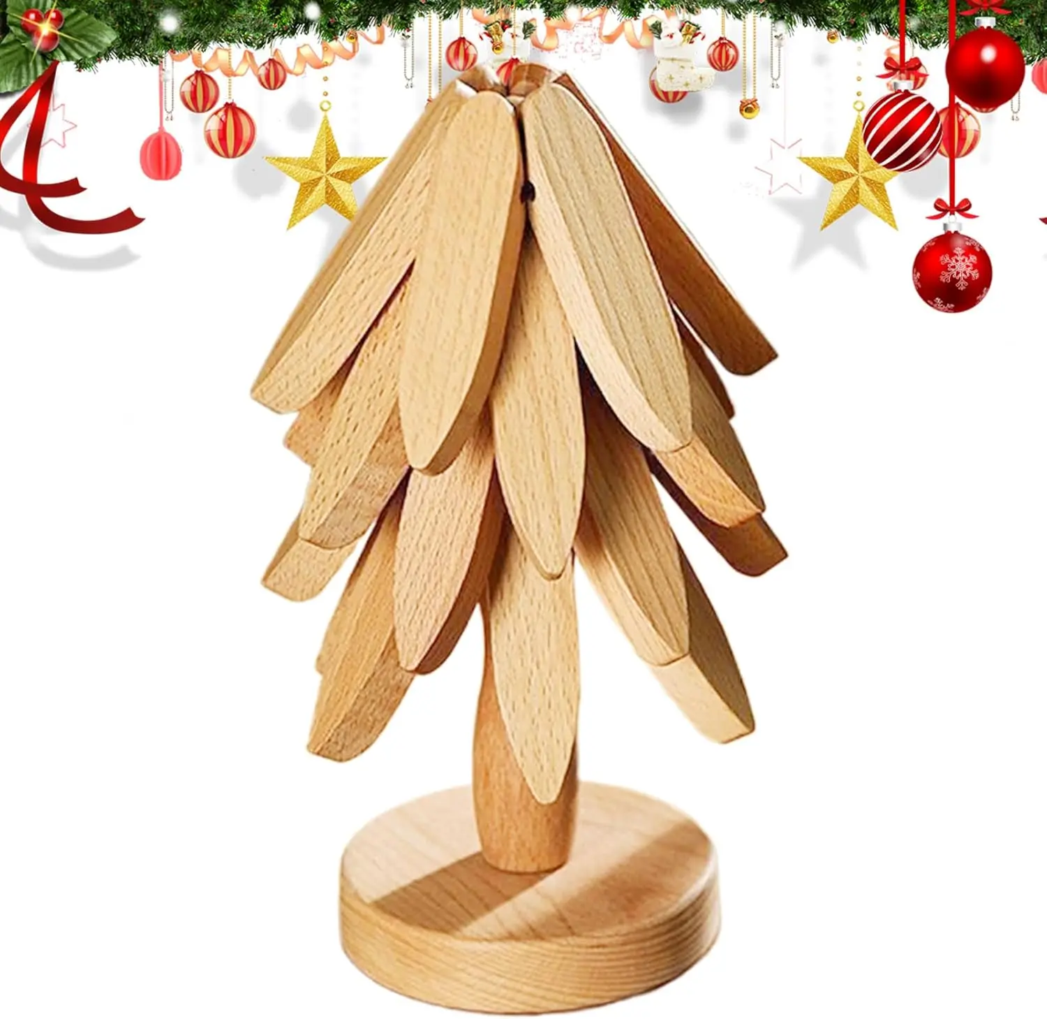 Christmas Tree Wooden Heat-Insulation Trivet Set – 4 Foldable Trivets & Stand, Durable Solid Wood Coasters for Pots, Bowls, Teapots & Hot Dishes, Nordic Kitchen Tableware