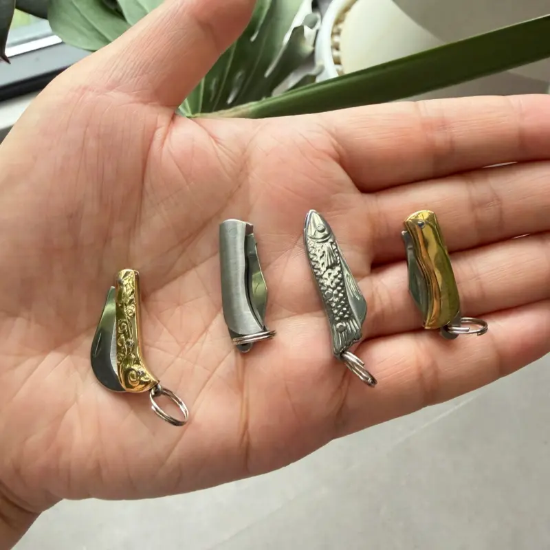 4PCS Set Mini Folding Pocket Knife Set, Brass & Stainless Steel EDC Outdoor Tools, Cute Knife Keychain with Vintage Engraved& Polished Metal Design,Tiny Package Knives, Durable Keychain Knives for Outdoor & Everyday Carry, Camping Must Haves, SummerVibes