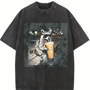 Funny Raccoon Drinking Iced Coffee Shirt, Animal Meme Graphic Tee, Gift for Men, Women funny shirts for women, Womenswear Cotton Top Streetwear