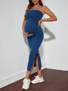 TAMALLA Maternity Denim Bodycon Dress, Strapless, Blue