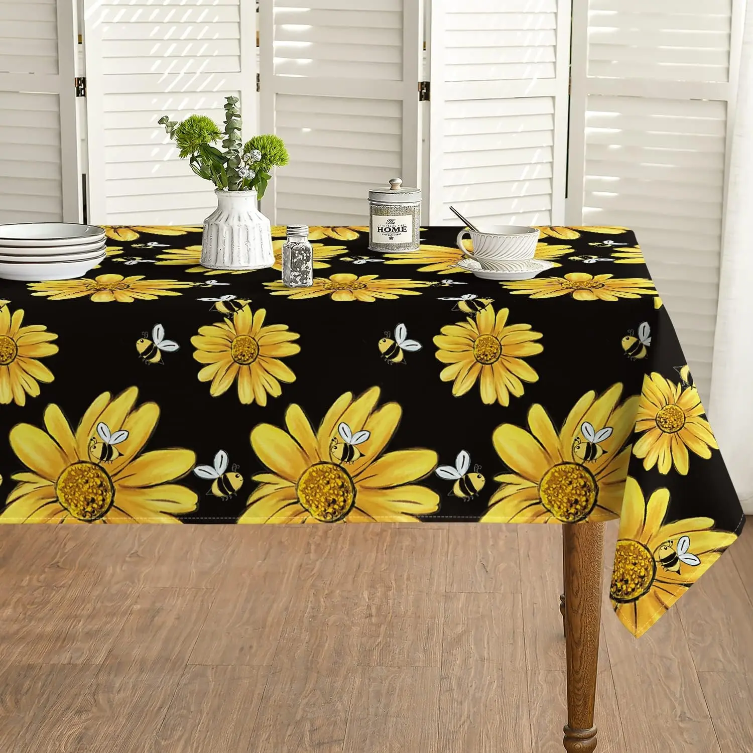 2D Flat Party Tablecloth 1pc, Sunflower Bumblebee Design, Rectangular Summer Tablecloth, Ideal for Parties Picnics Dinners