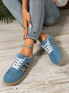 Leopard Print Sneakers, Vintage Low Top Casual Shoes, Sports Shoes, Soft Sole Breathable Patchwork Design, Round Toe Textile Upper, All-Season Women's Footwear