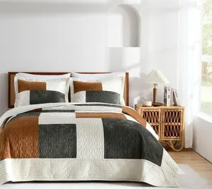Fansace Luxury Velvet Quilt Set King Size Bedding Sets Lightweight Ultra Soft Velvet Comforter Set Leaves Chevron Stitch Oversized Bedspread Coverlet 3 Pcs Full Bed Cover Sets for All Seasons Beige