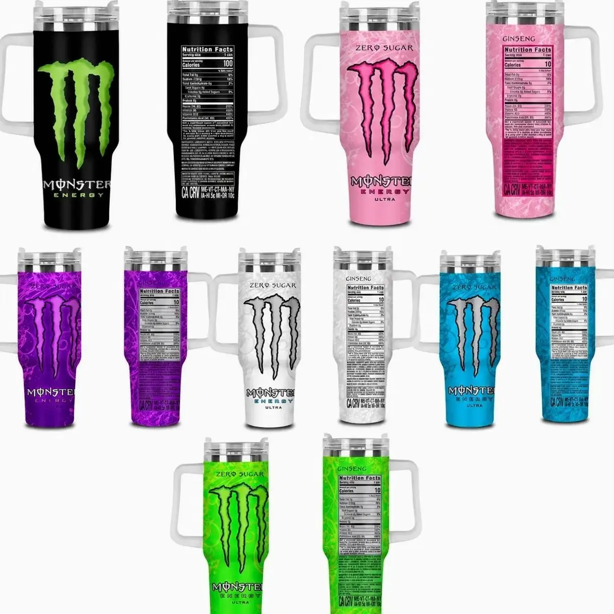 40oz Tumbler With Handle & Straw, Monster Energy Drink Editions Travel Mug, Vacuum Insulated Stainless Steel Cup, Gift For Gift for Energy Drink Fans