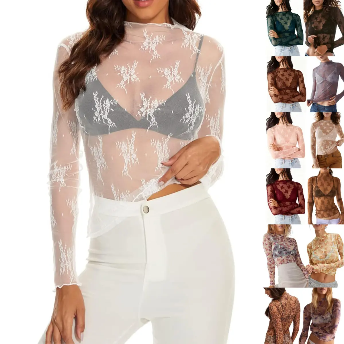 JovenPara Women's Dressy Floral Lace Mesh Top, Cute Mock Neck Long Sleeve Sheer Nylon Pullover for Going Out & Clubbing, Soft, Going Out Clubbing Tops, Dressy Tops