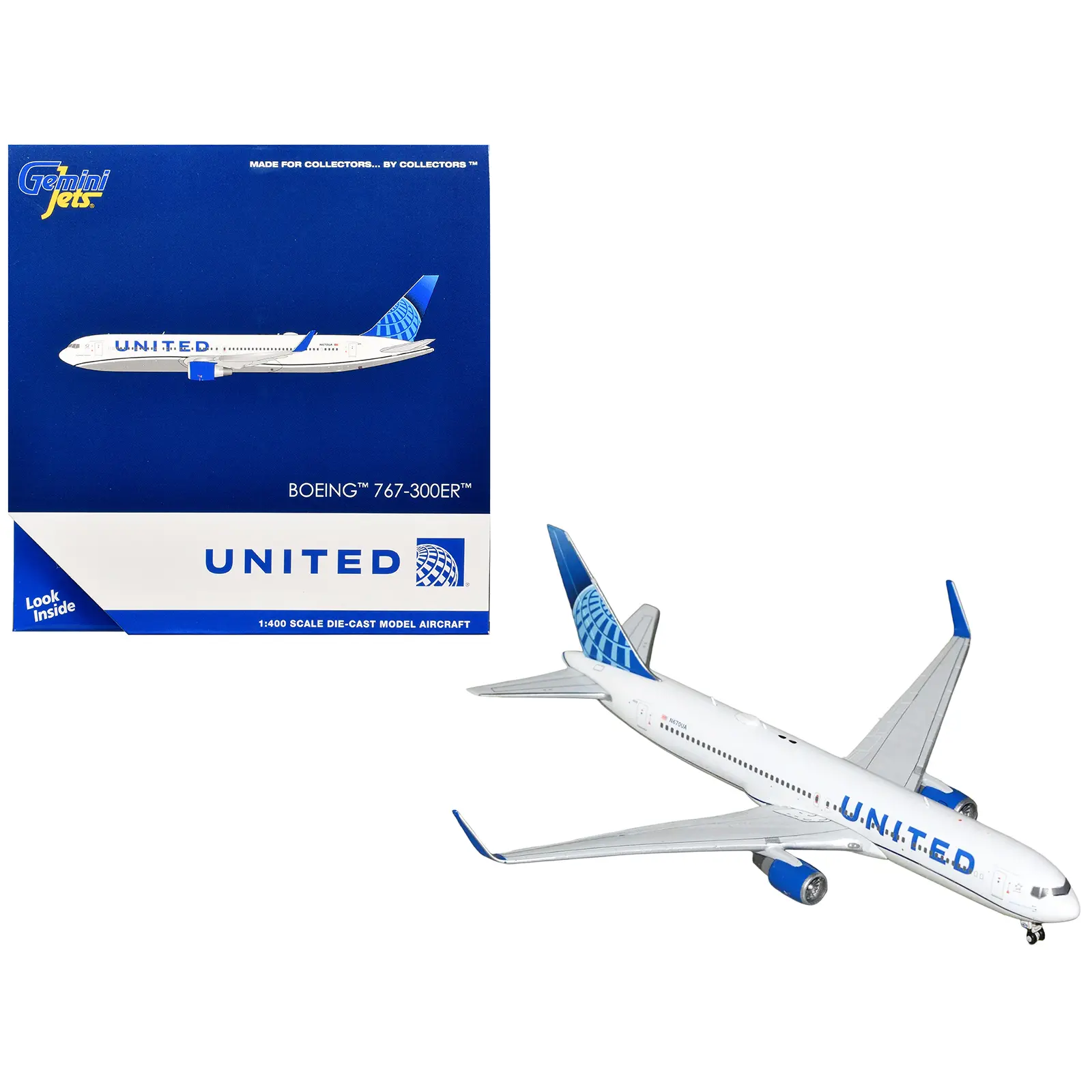 Boeing 767-300ER Commercial Aircraft "United Airlines" (N670UA) White with Blue Tail 1/400 Diecast Model Airplane by GeminiJets