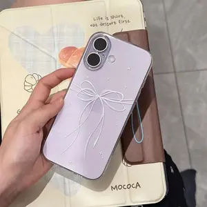 Transparent Painted Purple & White Large-Hole Bow Smartphone Case, Cellphone Accessories for iPhone 11,12,13,14,15,16,17 Pro Max Handheld Devices