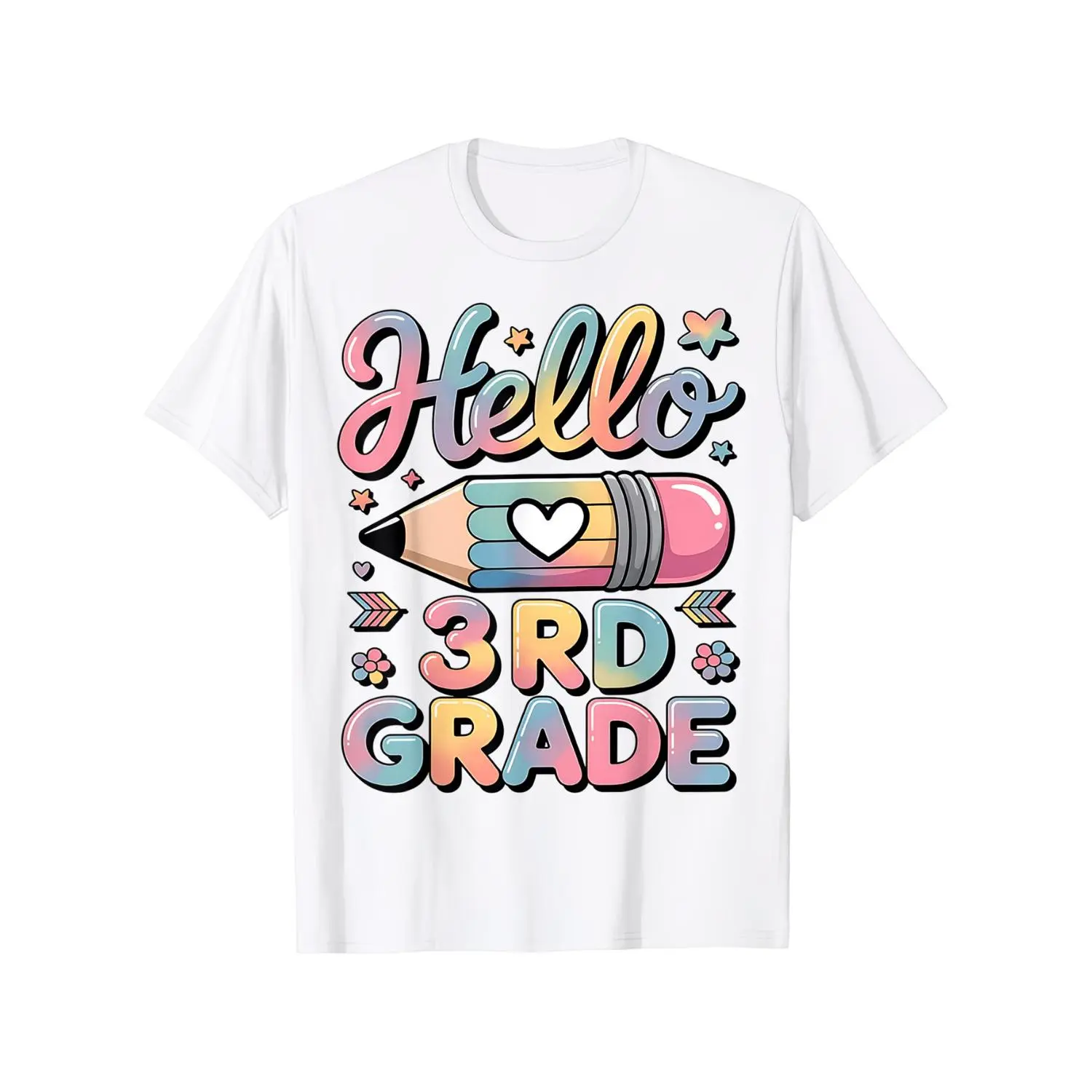 White Hello 3rd Grade Back To School T-Shirt For Kids, Cute Pencil Heart Graphic Print, Short Sleeve Crew Neck Tee For Boys Girls Elementary Students