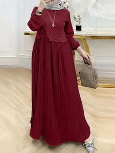 Women's Casual Solid Color Dress, Round Neck Long Sleeve Pleated Back Button Design, Modest Style Dress, Perfect for Daily, Travel, Commuting, Classy Modest Dresses