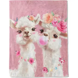 Cute Llama Duo Flannel Blanket - Lightweight Soft Cozy Gifts Throw for Animal Lovers,Kids,Girls,Boys,Floral Crown Pink Blankets,Home Room Modern Playful Decor
