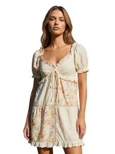 Liqucy Women's Cute Floral Print Mesh Dress Bow Neck Ruffle Trim V Neck Short Sleeve A-line Mini Dress Loose Casual Patchwork Maternity Dress