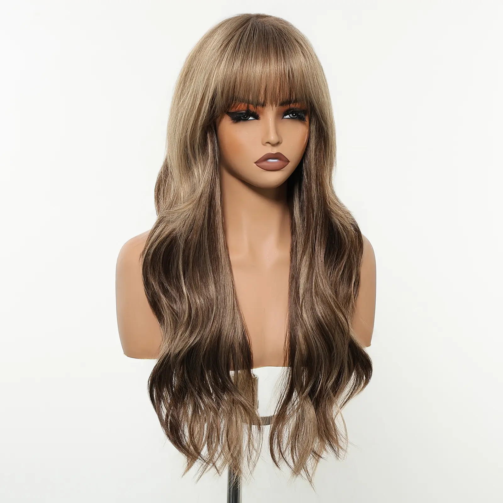 Loni C-DWY New Color 24-Inch Long Wave Chocolate Brown Glueless Synthetic Wig with Bangs for Women High-Quality Premium Fiber Easy Wear Comfortable Fit