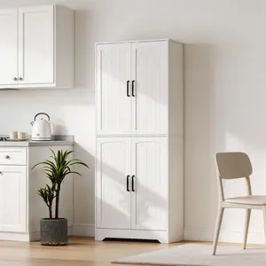 Gaomon White Farmhouse PB Board Pantry Kitchen Cabinet, 71" Tall Wood Storage Unit with 4 Doors, Adjustable Shelves & Anti-Tip Kit, Large Freestanding Cupboard for Kitchen, Dining Room, Anti-Tips