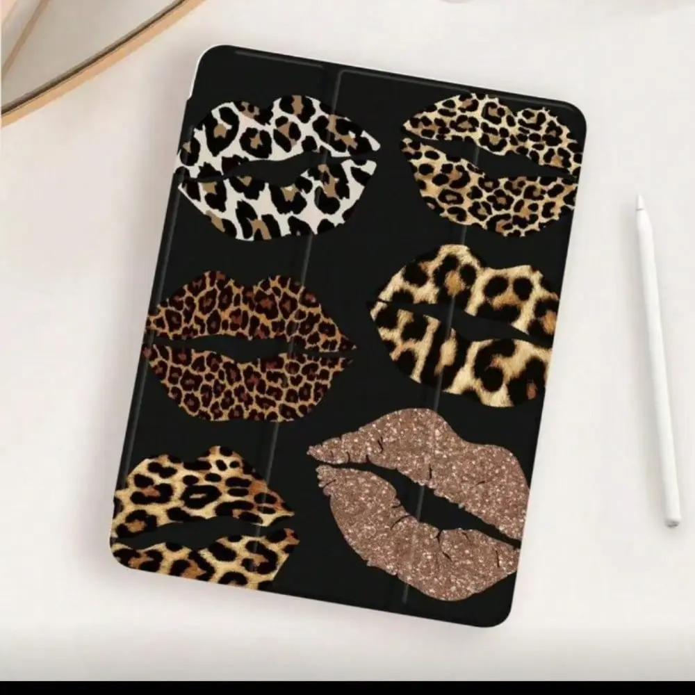 Leopard-Print Lip Design Sturdy Tablet Case with Auto Sleep/Wake, Stylus Slot, Magnetic Casing, Kickstand - Slim Shockproof Accessories for iPad & Samsung Galaxy Tab Series, Multicolor Tablet Covers (Gift Option)