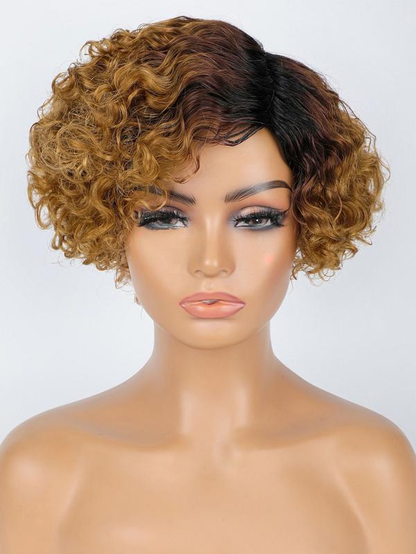 6inch T1B/30 Color Women's Short Curly Bob Wig with Bangs, 6 Inch Curly Hairpiece, Real Human Fiber, Full Machine Made, Perfect for Daily Wear, Natural Looking Wig