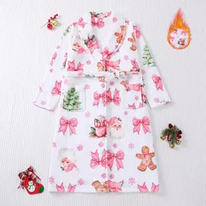 Women’s Christmas candy and snowman print pocket drawstring casual dressing robe, long-sleeve shawl style for autumn/winter/Christmas ladies’ pajamas gown with festive gingerbread design long-sleeve loungewear