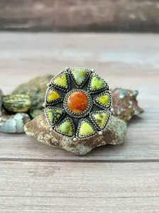Handmade Sterling Silver Apple Coral and Palomino Adjustable Ring "Signed Nizhoni"