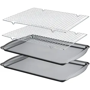 Grill Pan with Cooling Rack - Carbon Steel Baking Sheet for Baking [2 Sheets 2 Racks], Non-Stick Grill Pan, Perfect for Baking, Roasting, etc., Size 17x 11x0.5inch