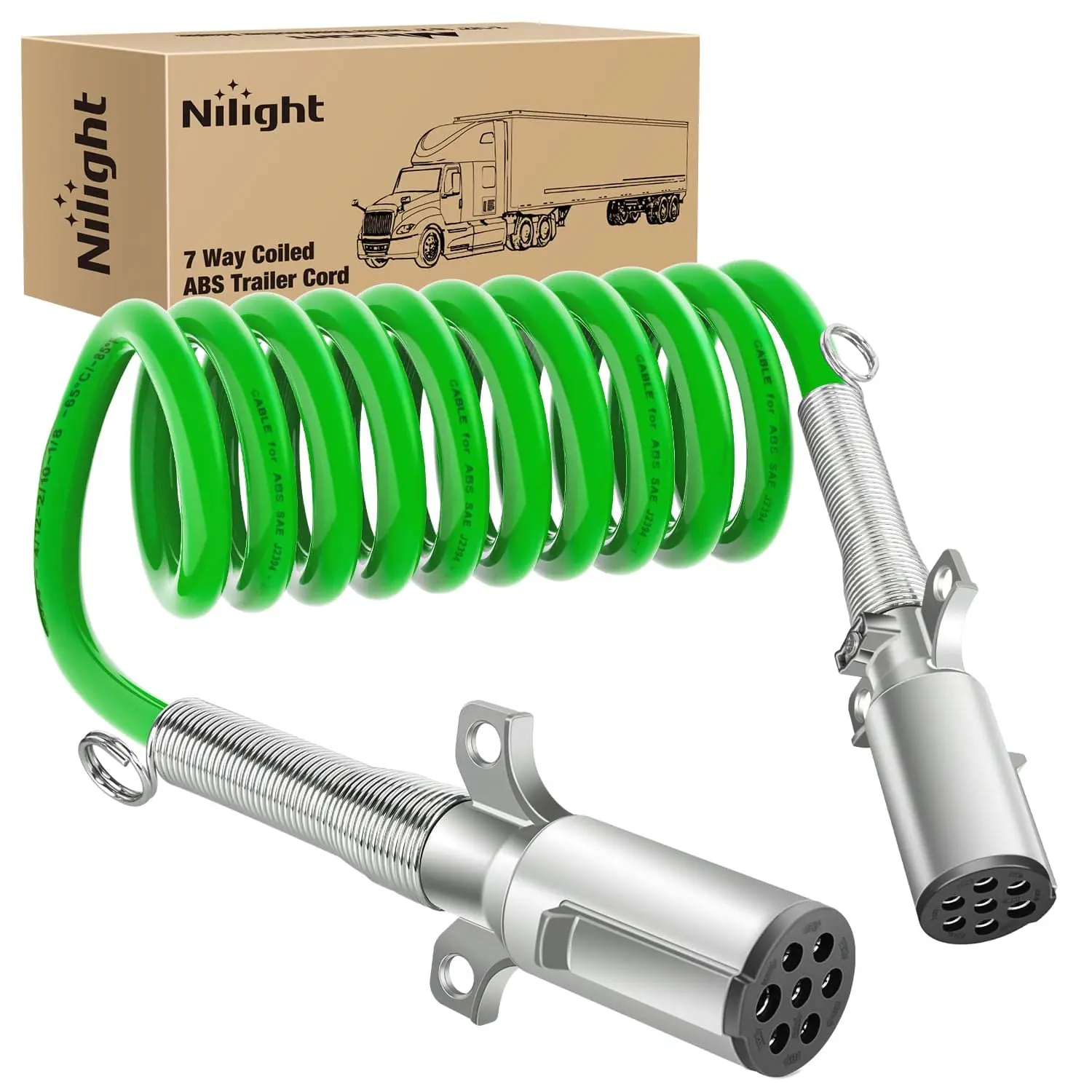 Nilight 7-Way Coiled ABS Trailer Cord, 12FT Heavy-Duty Zinc Die-Cast Plug Green Cable with Stainless Steel, Pure Copper, Comfortable Grip, Spring Guard, Corrosion Resistant, Weatherproof Design, Excellent Conductivity for Semi Trucks Signal Transmission