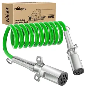 Nilight 12FT 7 Way Coiled ABS Cord Heavey Duty Zinc Die Cast Plug Green Electrical Power Breakaway Cable 7 Pin Flexible Trailer Wire for Semi Truck Tractor transmitting Signals