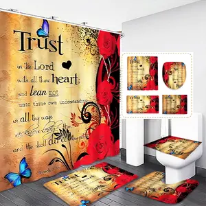 Beautiful Rose Shower Curtain Set, Vintage Creative Design, Moving Gift, Includes Toilet Seat Pad and Rug, Non-Slip Mat, Waterproof Curtains, Bathroom Supplies, Bathroom Decoration Accessories