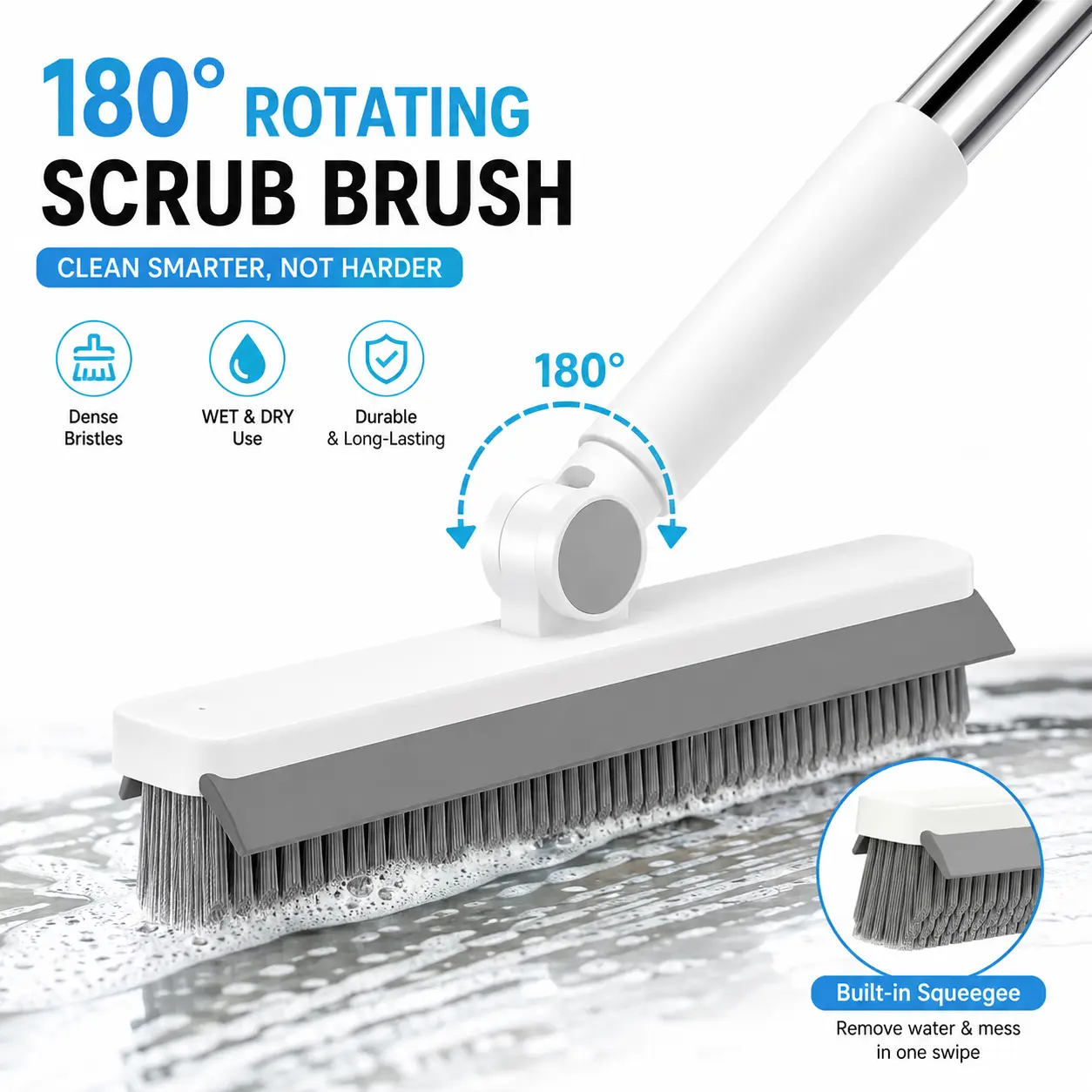 Floor Scrub Brush with Multi-Purpose Long Handle Scrub 2 in 1 180° Rotating Scrape and Heavy-Duty Stiff Bristle Scrubber Brush for Bathtub Cleaning Shower Bathroom Patio Garage Kitchen Wall and Deck Cleaning Supplies Home Essential Items